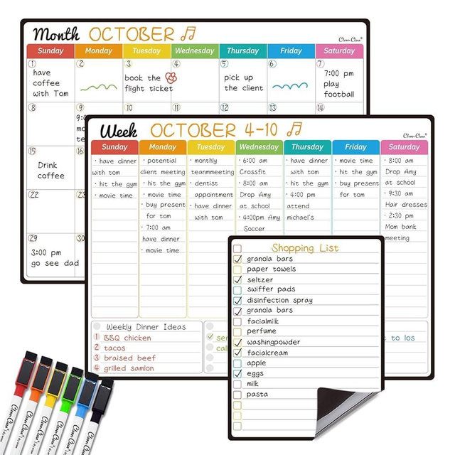 Magnetic Dry Erase Monthly Calendar Set - 14.5"x11" Monthly and Weekly Calendar, 6.5"x8.5" List Board for Fridge - 6 Extra Fine Point Markers Included - Shipped Flat