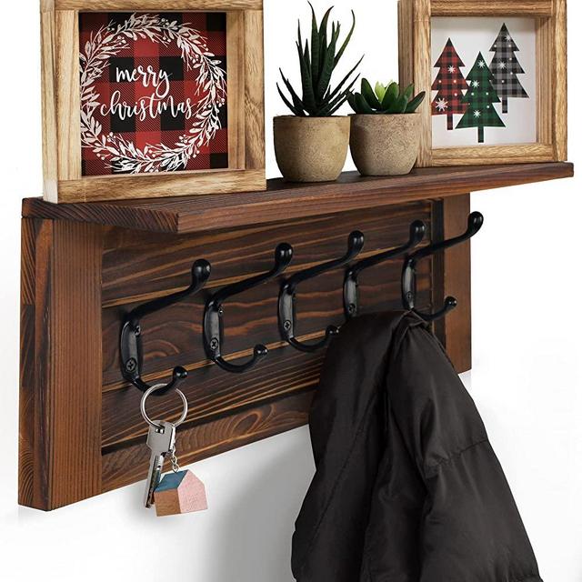 Decorative Coat Rack for Wall Mount - Stylish Wooden Shelf with 5 Hooks - The Perfect Hanger for Your Entryway Easily Holds All of Your Coats, Jackets or Bags