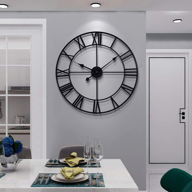 Large Modern Metal Wall Clocks Rustic Round Silent Non Ticking Battery Operated Black Roman Numerals Clock for Living Room/Bedroom/Kitchen Wall Decor-47cm