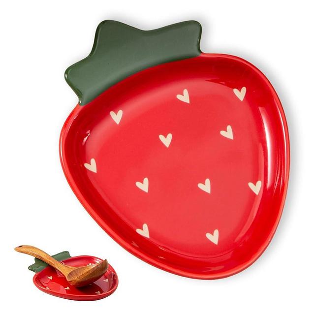 YumiPLUS Ceramic Strawberry Spoon Rest, Red Utensil Holder, Cute Spatula Rest for Kitchen Counter & Stove Top - Easy to Clean, Dishwasher Safe (Red Strawberry)