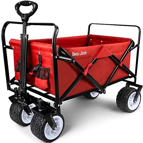 BEAU JARDIN Folding Wagon Cart 300 Pound Capacity Collapsible Utility Camping Grocery Canvas Portable Rolling Buggies Outdoor Garden Sports Picnic Heavy Duty Shopping Wide All Terrain Wheels Red