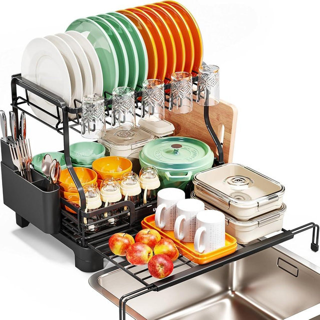 Urackify Extendable Dish Drying Rack, 2-Tier Dish Rack for Kitchen Counter, Large Expandable Dish Drainer Over Sink, 3 in 1 Multifunction Dish Strainer with Drainboard & Cups Holder, Black