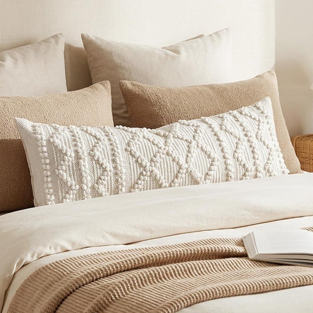 BlissBlush Pure White Decorative Lumbar Pillow Cover 14x36, Boho Long Throw Pillow for Bed, Accent Lumbar Throw Pillow Case, Modern Farmhouse Textured Lumbar Cushion (Cover ONLY)