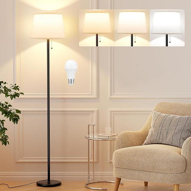 Raexpectis Floor Lamps for Living Room - 3 Color Temp(3000/4000/5000K) Standing Lamp with Pull Chain Switch, Black Floor Lamp with Lampshade, Modern Tall Light for Bedroom Office(9W Bulb Included)