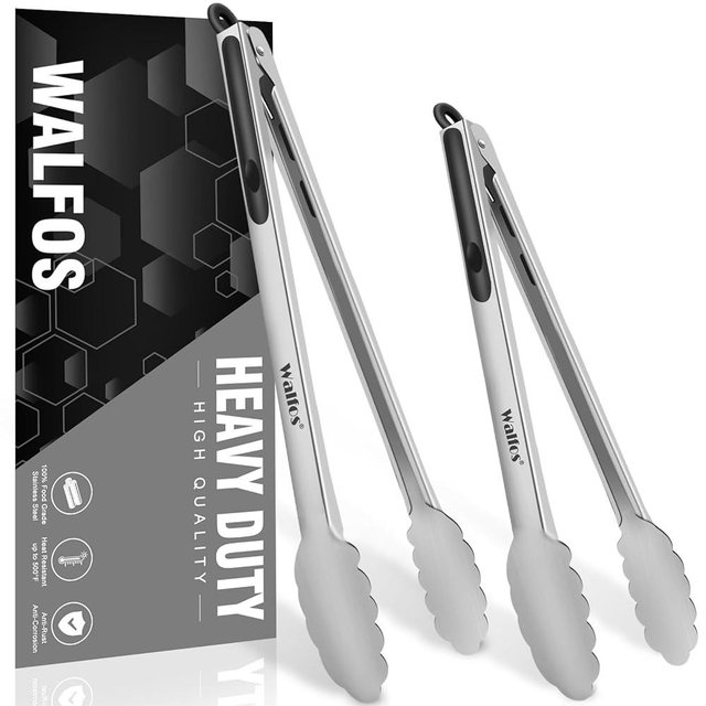 Walfos Extra Long Grill Tongs - Heavy Duty Metal Tongs - 16 & 12 inch Great for Grilling,BBQ/Barbecue,Cooking - Stainless Steel and Non-Slip Heat Resistant Silicone Handle (Set of 2)