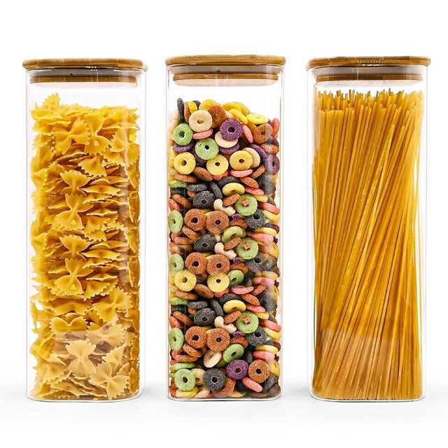 Glass Pasta Storage Jars Square 73oz, 3 Pack Glass Jars With Bamboo Lids, Tall Kitchen Storage Containers For Pasta, Storage For Pantry Organizers