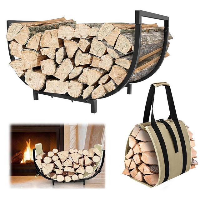 Firewood Rack Outdoor Indoor, 24 Inch Metal Firewood Holder with Firewood Carrier, Wood Rack Fireplace Log Holder Fireplace Firewood Stand for Firewood Storage