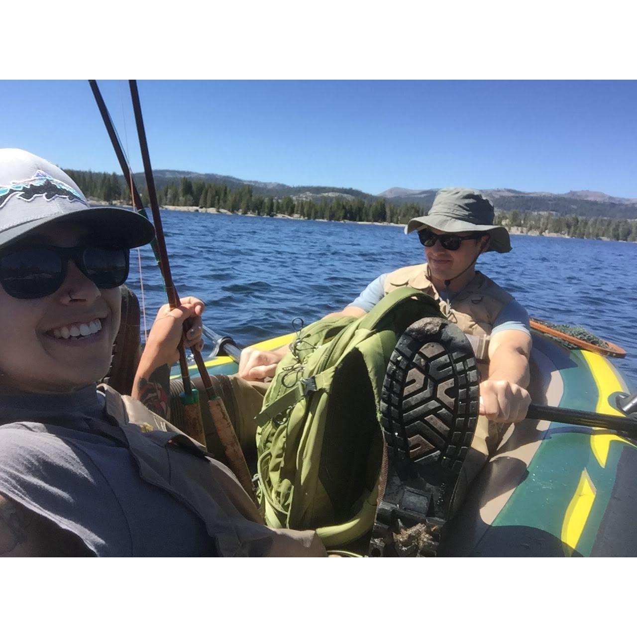 Fishing, Spicer Meadow Reservoir - somehow we made a 1-person dingy fit 2 people. His feet were in my face the entire time.