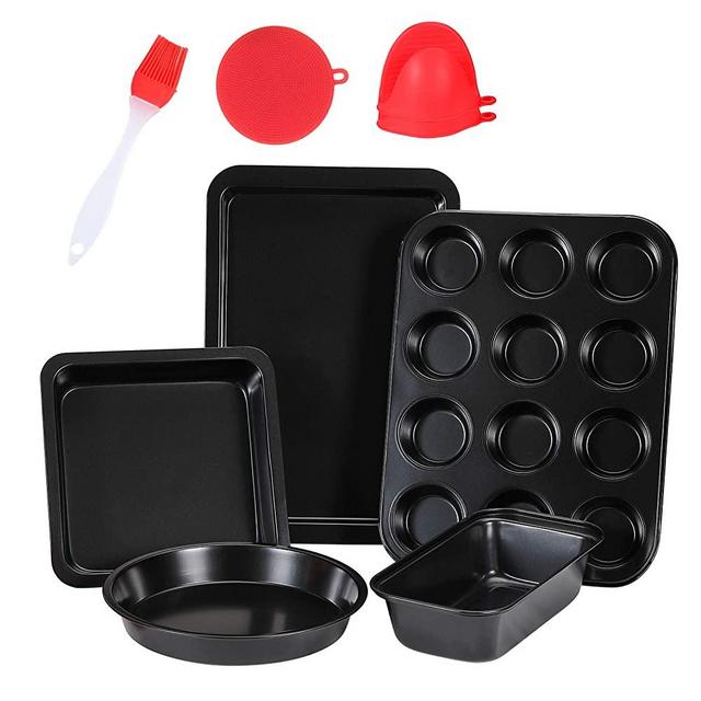 5 Pcs Nonstick Bakeware Set,Carbon Steel Baking Set Include Loaf Pan,Cookie Sheet, Loaf Pan, Square Pan, Round Cake Pan, 12 Cups Muffin Pan,2 Mini Oven Mitts,1 Round Dish Sponge and 1 Basting Brush