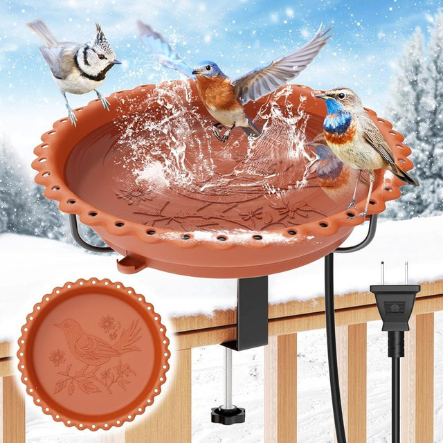 ODSNANIE Heated Bird Bath for Outdoors, Upgraded 100W Thermostatically Controlled Heated Bird Baths for Deck Railing Large Capacity Heated Birdbath for Outside Winter Garden Yard Patio Lawn (Brown)