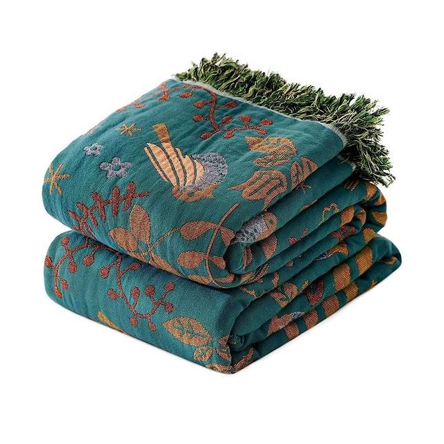 Boho Throw Blanket for Bed - 100% Cotton Ultra Soft Rustic Quilt - Bird Floral Printed Farmhouse Decor Bed Blankets,60"×80" All Season Rustic Throw for Sofa Couch Chair