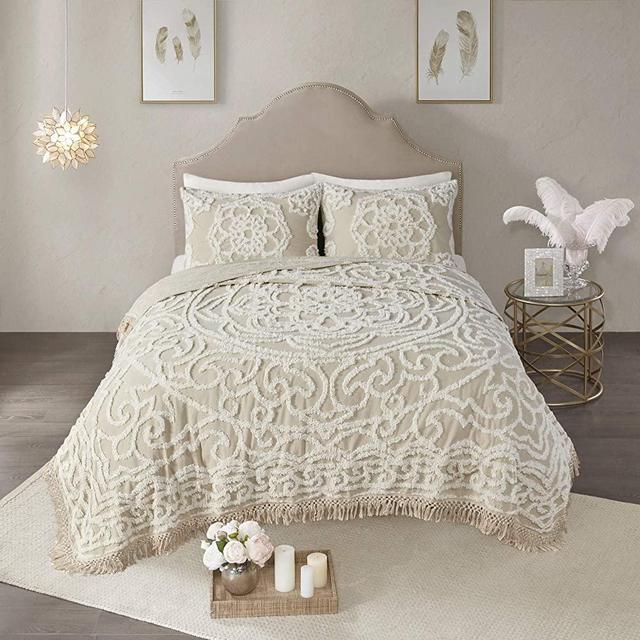 Madison Park Laetitia Lightweight, Breathable Chenille Tufted 100% Cotton Quilt Shabby Chic Boho Medallion Design, Tassel Fringe Bedspread Coverlet, Shams, Full/Queen(90"x90"), Floral Taupe