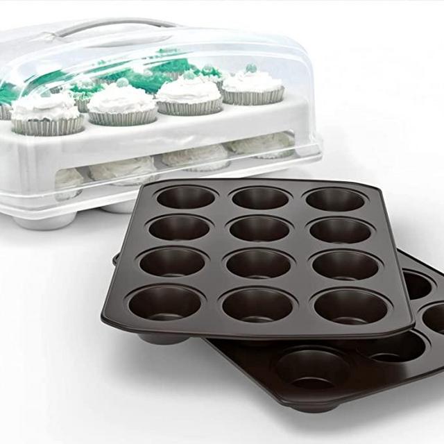 Top Shelf Elements Cupcake Carrier With Two Muffin Pan/Cupcake Pan Stylish Cupcake Carrier With Handle Carrier Holds 24 Cupcakes Muffin Tin Makes 12 Cupcakes each Non Stick Cupcake Tray For Baking
