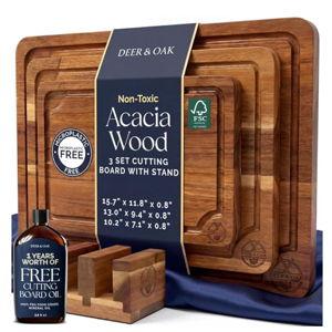 Pre-Oiled, Non Toxic 3-Piece Acacia Cutting Board Set with Stand, FSC Certified Wooden Chopping Boards, Includes 3.4 fl oz Chopping Board Oil, 3 Wood Carving Boards for Home, BBQ Kitchen, Deer & Oak