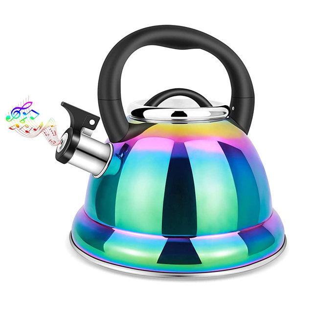 Whistling Tea Kettle for Stovetop, 3.5L Stainless Steel Tea Pot with Cool Ergonomic Folding Handle, Rainbow Induction Kettles for Boiling Water, Mirror Finish