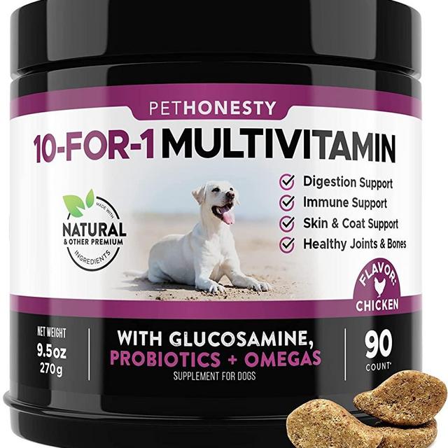 PetHonesty 10 in 1 Dog Multivitamin with Glucosamine - Essential Dog Supplements & Vitamins - Glucosamine Chondroitin, Probiotics, Omega Fish Oil for Dogs Health & Heart- Dog Health Supplies