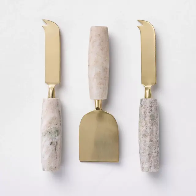 3pc Brass Cheese Knives with Marble Handles Warm Beige - Hearth & Hand™ with Magnolia