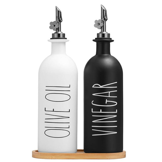 HOMCDALY 16oz Olive Oil Dispenser Bottles for Kitchen, Glass Oil Dispenser for Kitchen with Bamboo Tray, Oil&Vinegar Dispenser Set | Set of 2 (16oz-P-Black&White)
