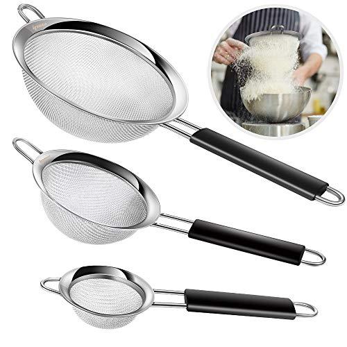IPOW Fine Mesh Strainer, 3 Pack Professional Super Fine Mesh Strainer with Strengthened Handle for Sifting Flour, Noodle, Icing Sugar, Quinoa, Coffee, Juice, Tea etc