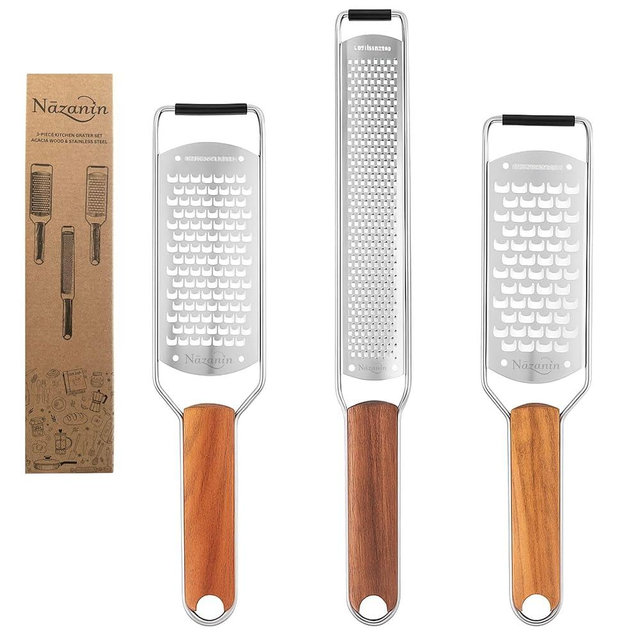 NAZANIN 3-Piece Stainless Steel Cheese Grater & Zester Set w/Acacia Wood Handles – For Parmesan, Lemon Zest, Ginger, and Spices