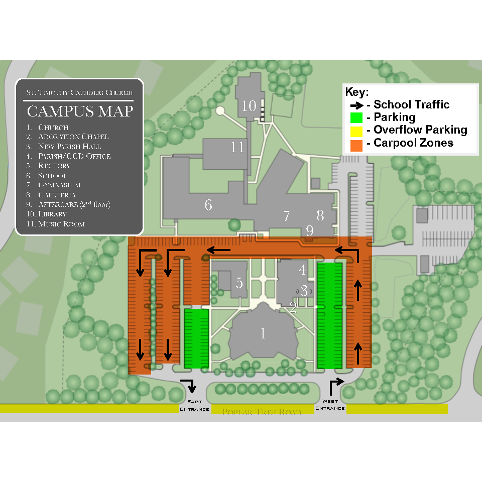 Parking available in the GREEN areas. Overflow parking in Yellow. RED will be blocked by carpool. // Estacionarse en la area VERDE. Adicional esta indicado en AMARILLO. ROJO será obstruido por carpool