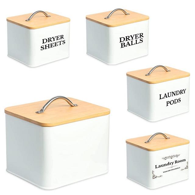 ZOES HOMEWARE Farmhouse Laundry Room Organization | Dryer Sheet Holder with Bamboo Lid for Decoration | Dispenser for Dryer Sheets,Dryer Balls,Laundry Pods | Minimalist Boho Themed Laundry Room Decor