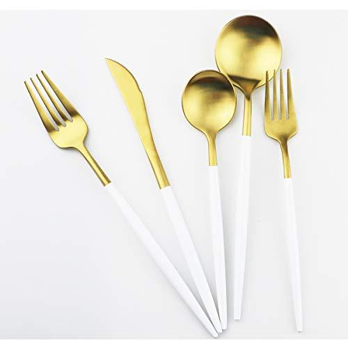 Gugrida White Gold Flatware, Royal 20 Piece Matte White Handle 18/10 Stainless Steel Tableware Sets for 4 Including Forks Spoons Knives, Camping Silverware Travel Utensils Set Cutlery (White Gold)