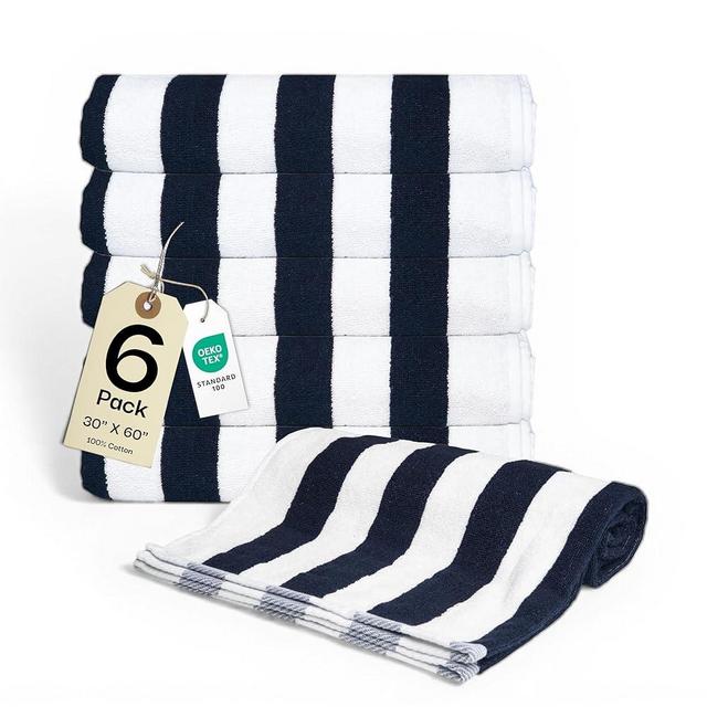 Salt Earth Cotton Striped Beach Cabana Towel, 6 Pack - 30"x60" Quick Dry Towels, Pool Essentials, Travel, Gym & Bathroom Towels, Oversized Beach Vacation Essentials, Navy Blue