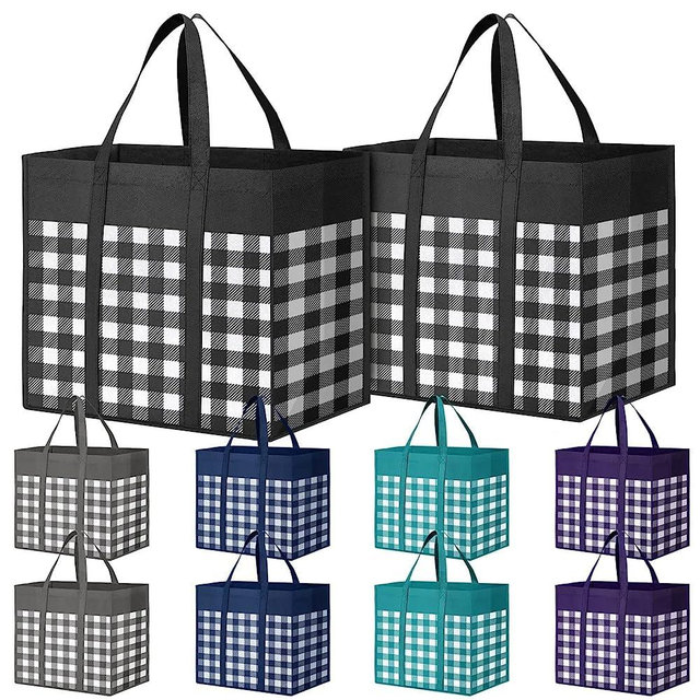 WISELIFE Reusable Grocery Shopping Bags 10 Pack Large Foldable Tote Bags Bulk, Eco Produce Bags with Long Handle for Shopping Groceries Clothes (Plaid A)