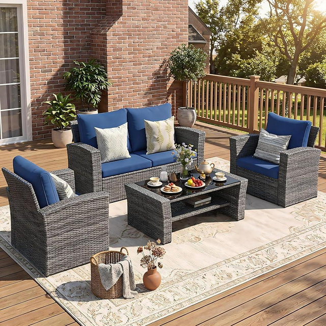 Wisteria Lane Patio Furniture Set, Wicker Outside Outdoor Furniture for All Weather, Patio Sofa with High Backrest Support and Wide Armrest for Backyard, Balcony, Deck, Porch, Dark Blue