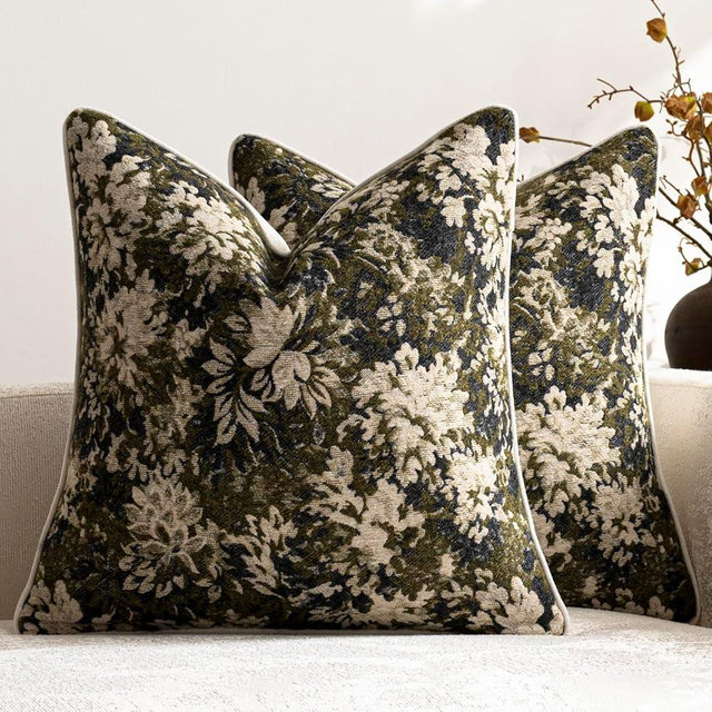 DEZENE Pack of 2 Vintage Floral Throw Pillow Covers 18x18 Boho Farmhouse Accents Chenille Square Decorative Pillow Cases for Living Room Couch Bed Home Decor, Olive Green