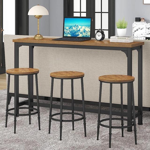 HOMYSHOPY Bar Table Set for 3, 4 Piece Console Table with 3 Stools, Counter Height Sofa Table Set with 3 Chairs for Breakfast Nook, Living Room and Apartment (Brown)