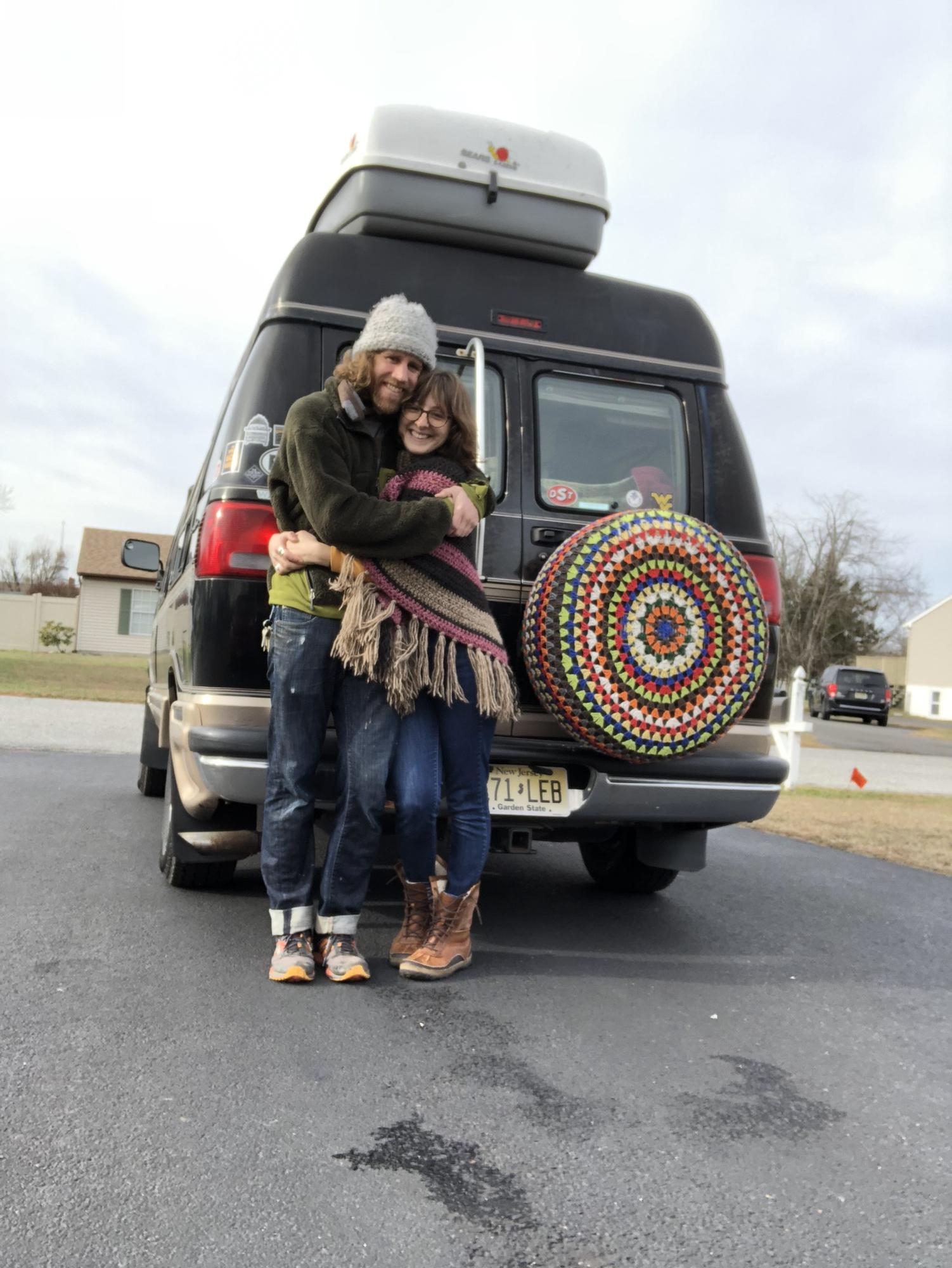 Leaving for our cross country trip.  Willard's wheel cover was crocheted by Marlee!