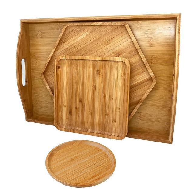 PAFREWOG Bamboo Serving Trays Dinner Plates Cheese Board 16.5"x11.8"（42x30cm with Handle, Set Includes 1xHexagon 12.5"(32cm)+1xSquare 7.8"(20cm)+1xCircle 7.8"(20cm)