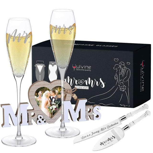 YULVINE Engraved Mr and Mrs Champagne Flutes Photo Frame Set,Wedding Toasting Glasses for Bride and Groom,Cake Knife and Server Set for Couple Reception Ceremony
