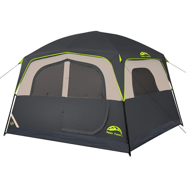 Happy Travel Tent 6 Person Tents for Camping, Waterproof Easy Setup Camping Tent with Rainfly, Portable Large Family Cabin Tent with 5 Large Mesh Windows and Carry Bag for Outdoor Camping & Hiking