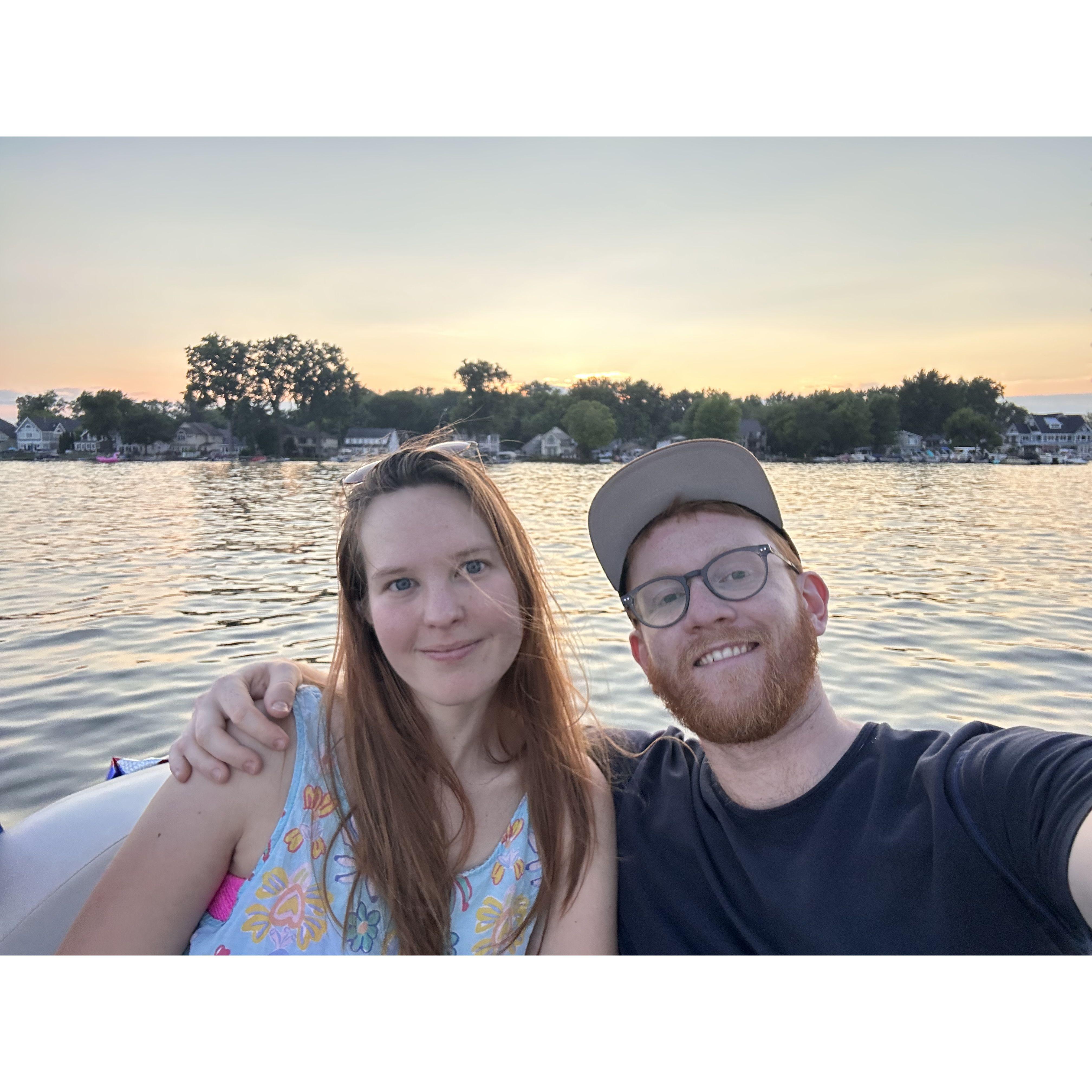 Enjoying a sunset in Walled Lake, MI while visiting Harry's family