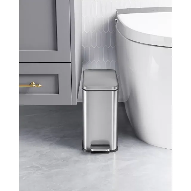 SONGMICS Bathroom Trash Can, 1.3 Gallon Small Trash Bin with Lid, Slim for Small Spaces, Stainless Steel Garbage Can, Soft Close, Silver