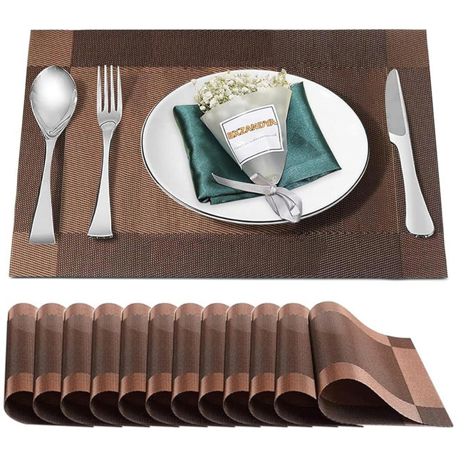 Bxzandya Placemats Set of 12,Washable,Heat and Stain Resistant Indoor/Outdoor Place mats,Vinyl Woven Non Slip Table Mats for Restaurant Table Protection,PVC Placemats(Brown,12PCS)