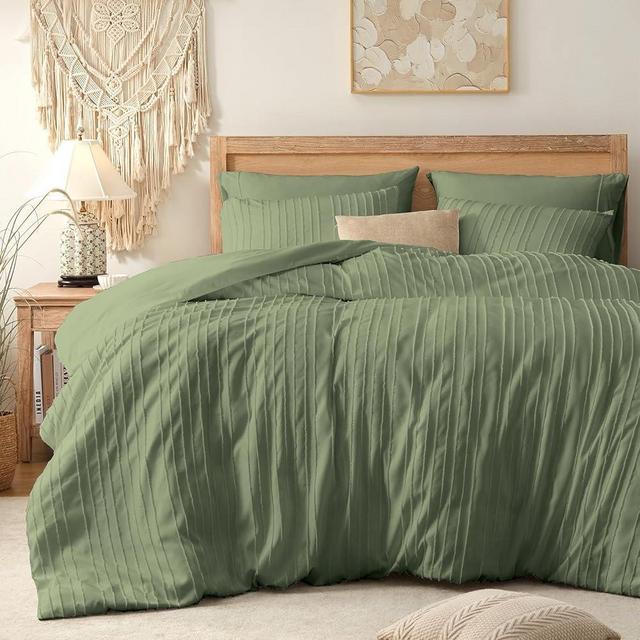BESTSWEETIE Sage Green Duvet Cover Queen Size – Striped Tufted Queen Duvet Cover Set with Zipper Closure, 3pcs Soft Microfiber Boho Duvet Cover Set for All Seasons (Queen, 90"x90")