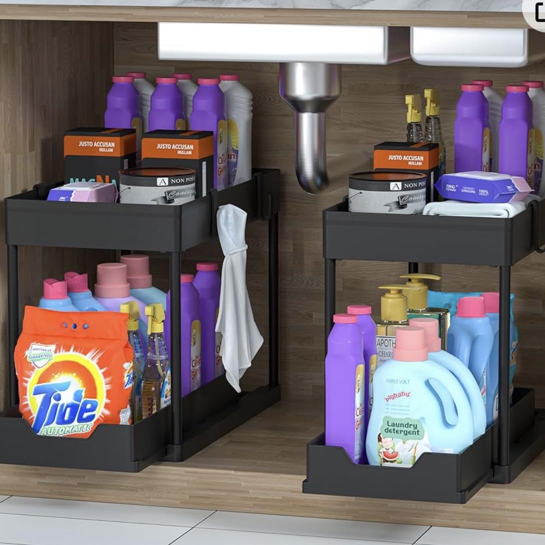 MEAFBIRD 2 Pack Under Sink Organizer, 2 Tier Bathroom Cabinet Organizer with Sliding Basket, Multi-Purpose Under Sink Organizers and Storage for Bathroom Kitchen