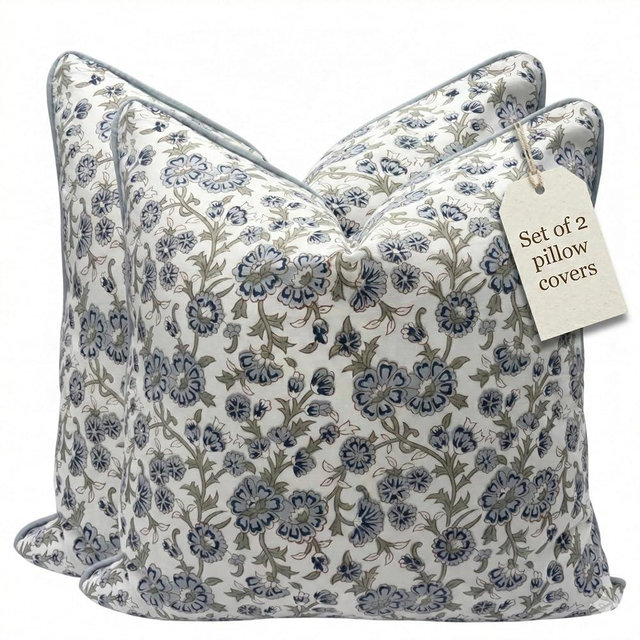 Line and Loop Floral Pillow Covers Blue Set of 2 Pillow Covers 18x18 inches Farmhouse Style Pillow Covers for Couch Bed Bedroom Living Throw Pillow Covers Boho Decorative Pillow Home Decor for Spring