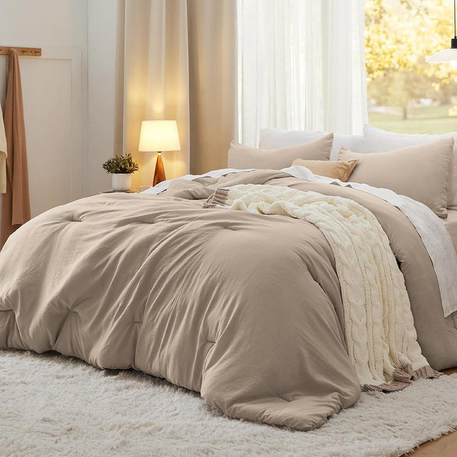 Bedsure King Size Comforter Set, Khaki Soft Prewashed Bed Comforter for All Seasons, 3 Pieces Warm Bedding Sets, 1 Lightweight Comforter (104"x90") and 2 Pillowcases (20"x36")