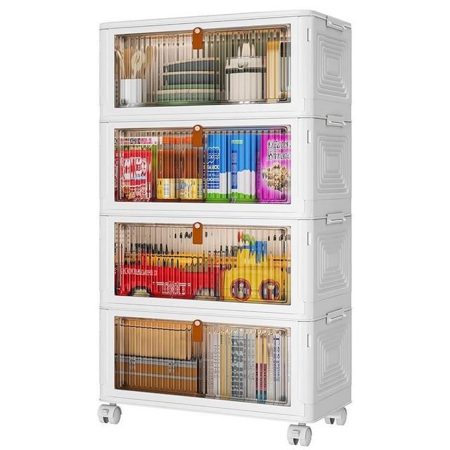 4 Tier Plastic Storage Bins with Lids 36QT, Stackable Storage Containers with Wheels, Folding Storage Boxes, Collapsible Storage Bins, Closet Organizers and Storage for Living Room,Office,Dorm