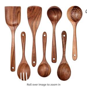 Wooden Non-Stick Kitchen Pan Toolset 7 Pieces Set,100% Natural Teak Kitchen Utensils Spatula, Wooden Cooking Utensils Spoons, Fried Spatula and Salad Fork