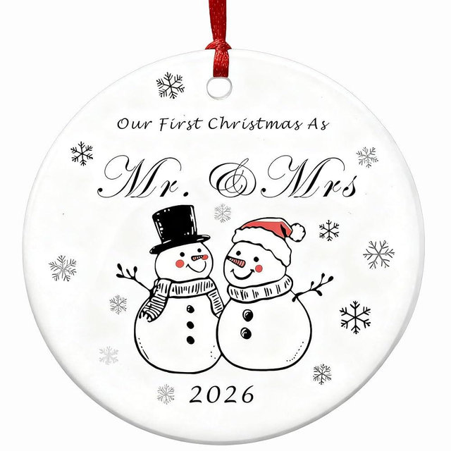 Our First Christmas as Mr and Mrs Gifts 2026 Hanging Wedding Gifts for Couples 2.83" Unique Snowman Newlywed Together Bridal Shower Gift Ornament 1st Christmas Married Ceramic Ornament