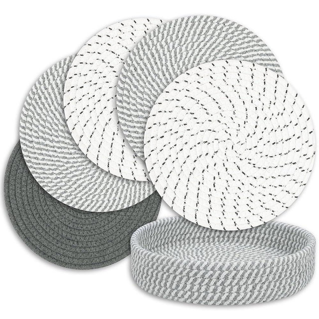Large Trivets for Hot Dishes, Pots and Pans, Hot Pads with Storage Basket, Pot Holders Heat Resistant Mats, Farmhouse Home Essentials Kitchen Decor 9 Inch (Mix Gray 5 Pcs)