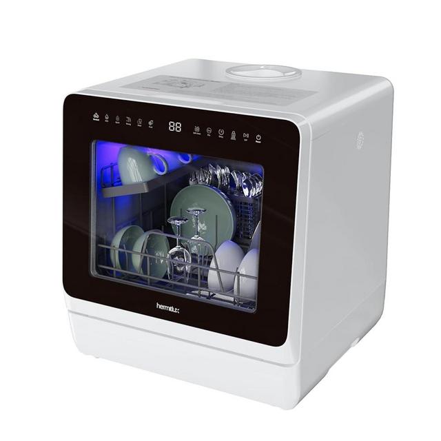 Hermitlux Countertop Dishwasher, 7 Washing Programs Portable Dishwasher with 5-Liter Built-in Water Tank for Apartments & RVs, Mini Dishwasher with LED Light & Glass Door, No Hookup Needed