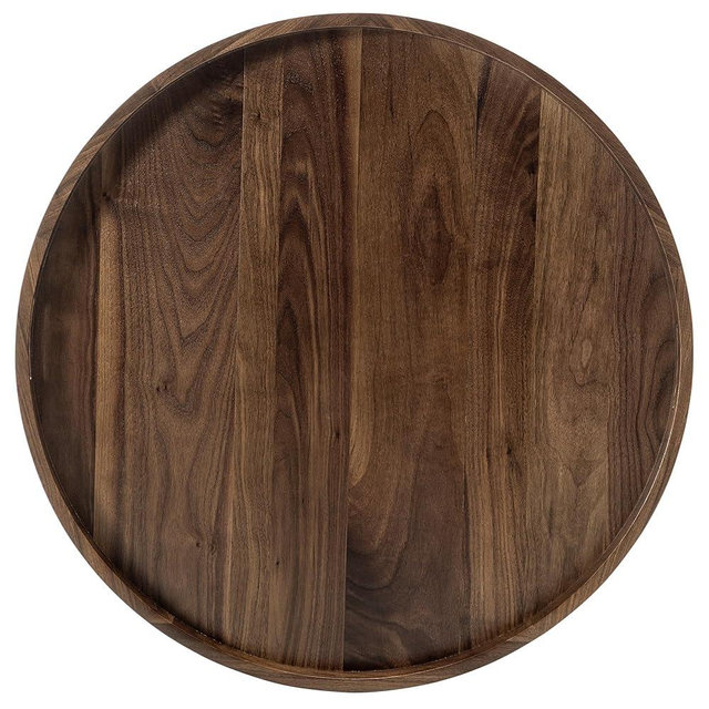 KINGCRAFT 28x 28 inches King Sized Round Ottoman Table Tray, Oversized Solid Wooden Black Walnut Decorative Serving Tray with Handles, Extra Large Circle Platter for Oversized Ottoman Bed