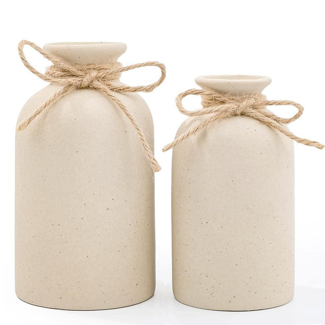 Hirdbrote Small Ceramic Vases for Decor 2-Piece, Flower Vase Vintage Decor Modern Farmhouse Rustic Home Decor, Wedding Centerpiece, Farmhouse Kitchen (5.5”& 4.7” Tall) (Beige & Black dot)